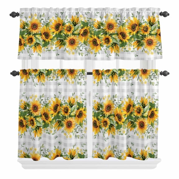 3 Piece Kitchen Curtains and Valances Set Sunflower Plaid Cafe Curtains 36 Inch Length Retro Yellow Green Floral Leaf Grey Valance & Tier Curtain for Living Room Bedroom Window 54"x18" 27"x36"*2