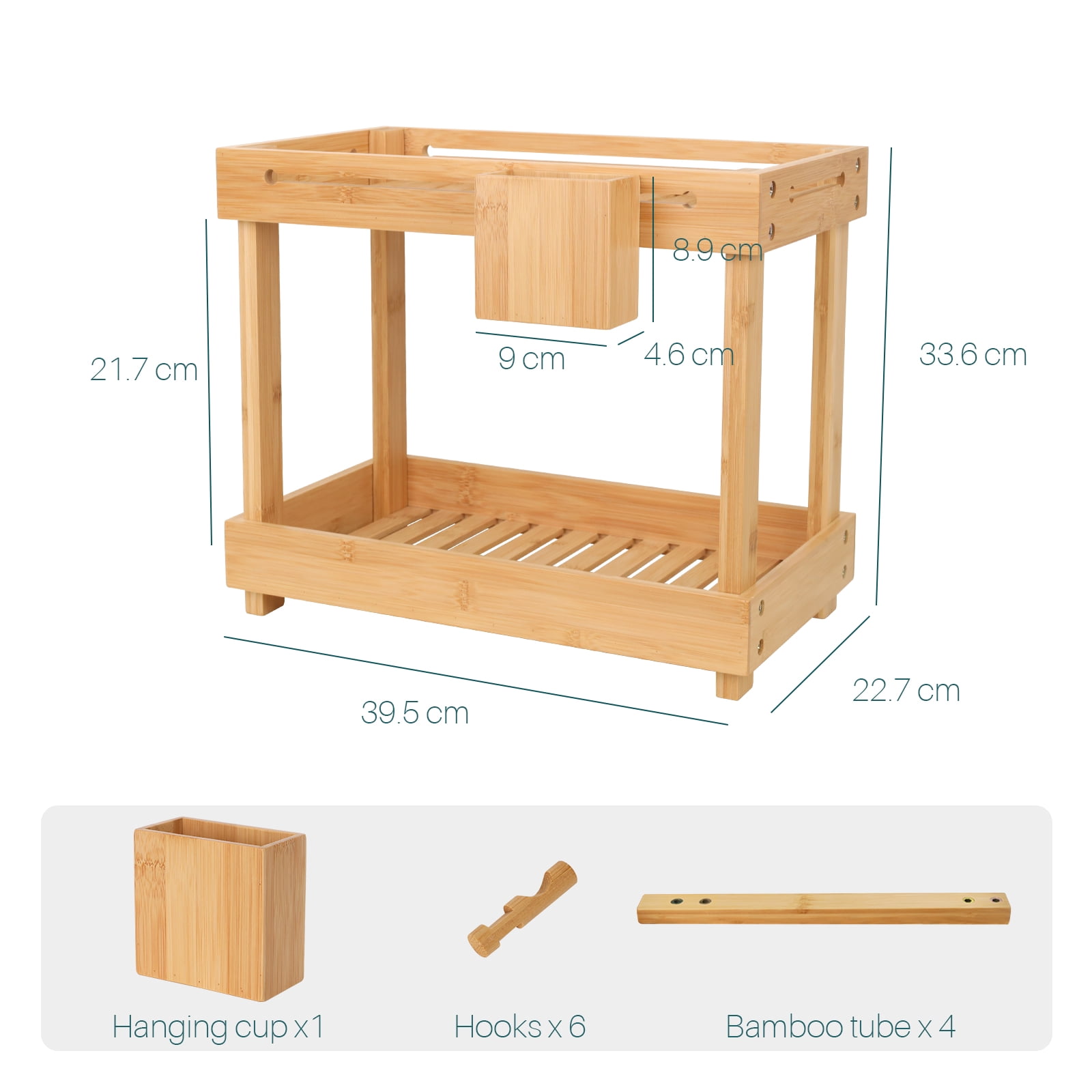 2 Tier Bamboo Under Sink Storage Kitchen Organizer, Kitchen Sink Organiser, Multipurpose Kitchen Cupboard Storage with 6 Bamboo Hooks, 1 Bamboo Hanging Box