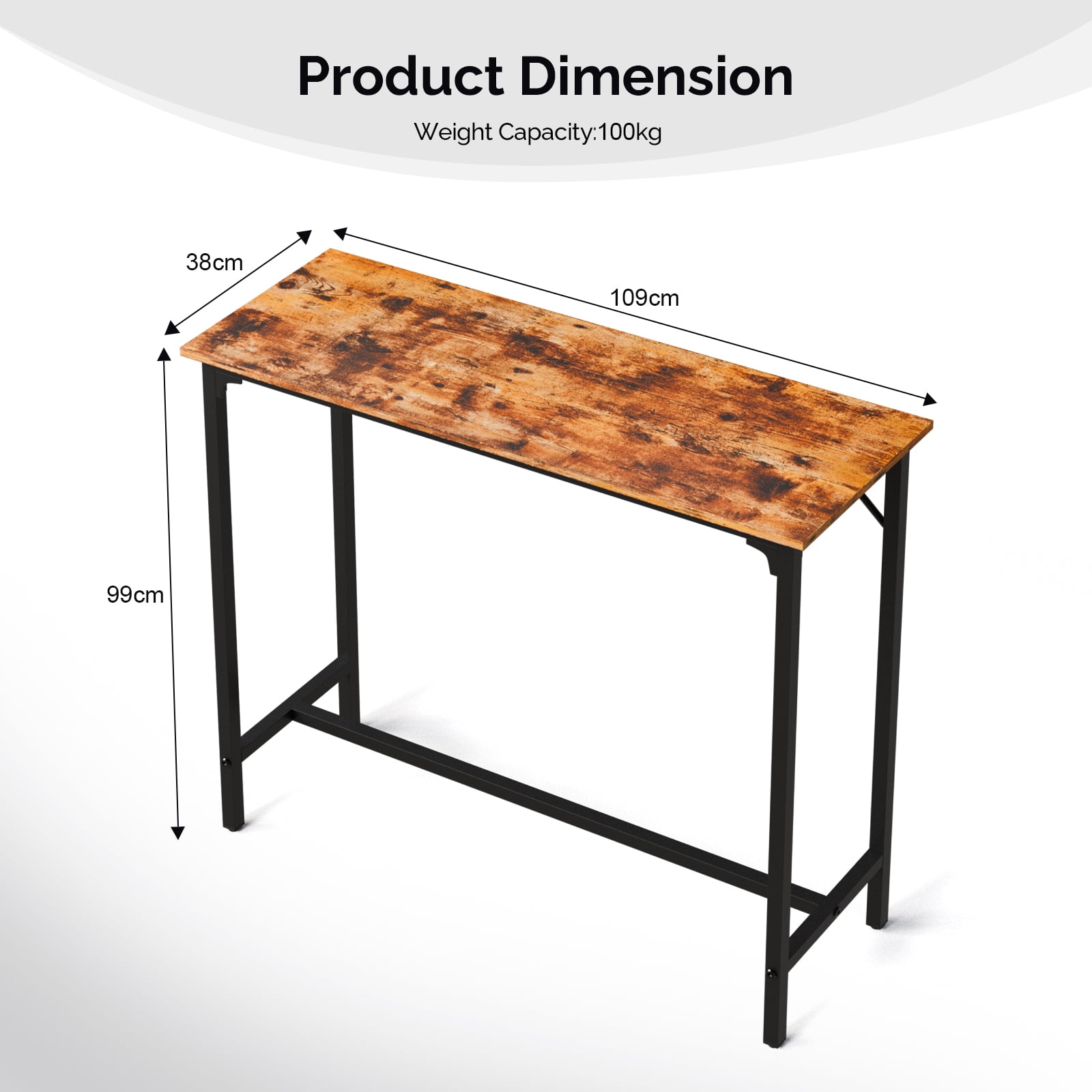 Single Bar Table Brown 110x38x99cm High-Density MDF Iron Frame with Adjustable Feet Waterproof Scratch-Resistant for Home Bar Kitchen Living Room
