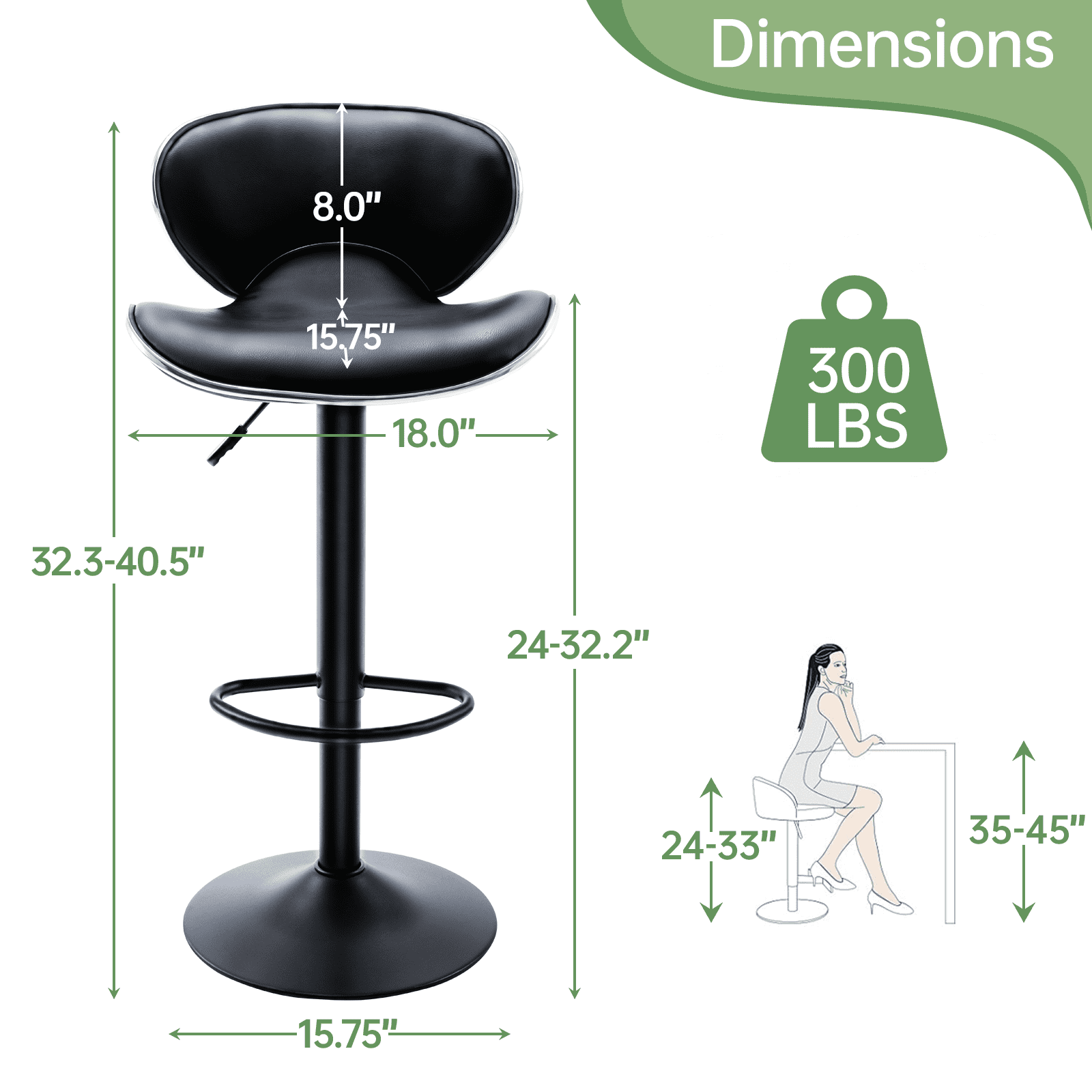 Bar Stools Set of 2, Adjustable Swivel Barstools, Modern PU Leather Counter Height Stools with Back and Footrest for Island, Dining, Bistro, Pub (Black/Black Base)