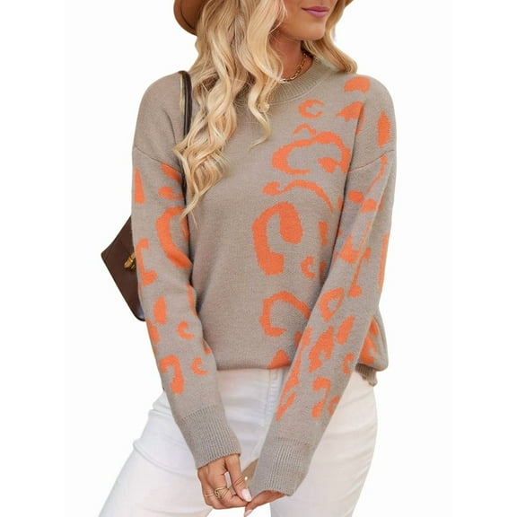 Women Long Sleeve Sweater Fall Casual Crew Neck Knit Tops Leopard Print Cute Loose Pullover Jumper  M