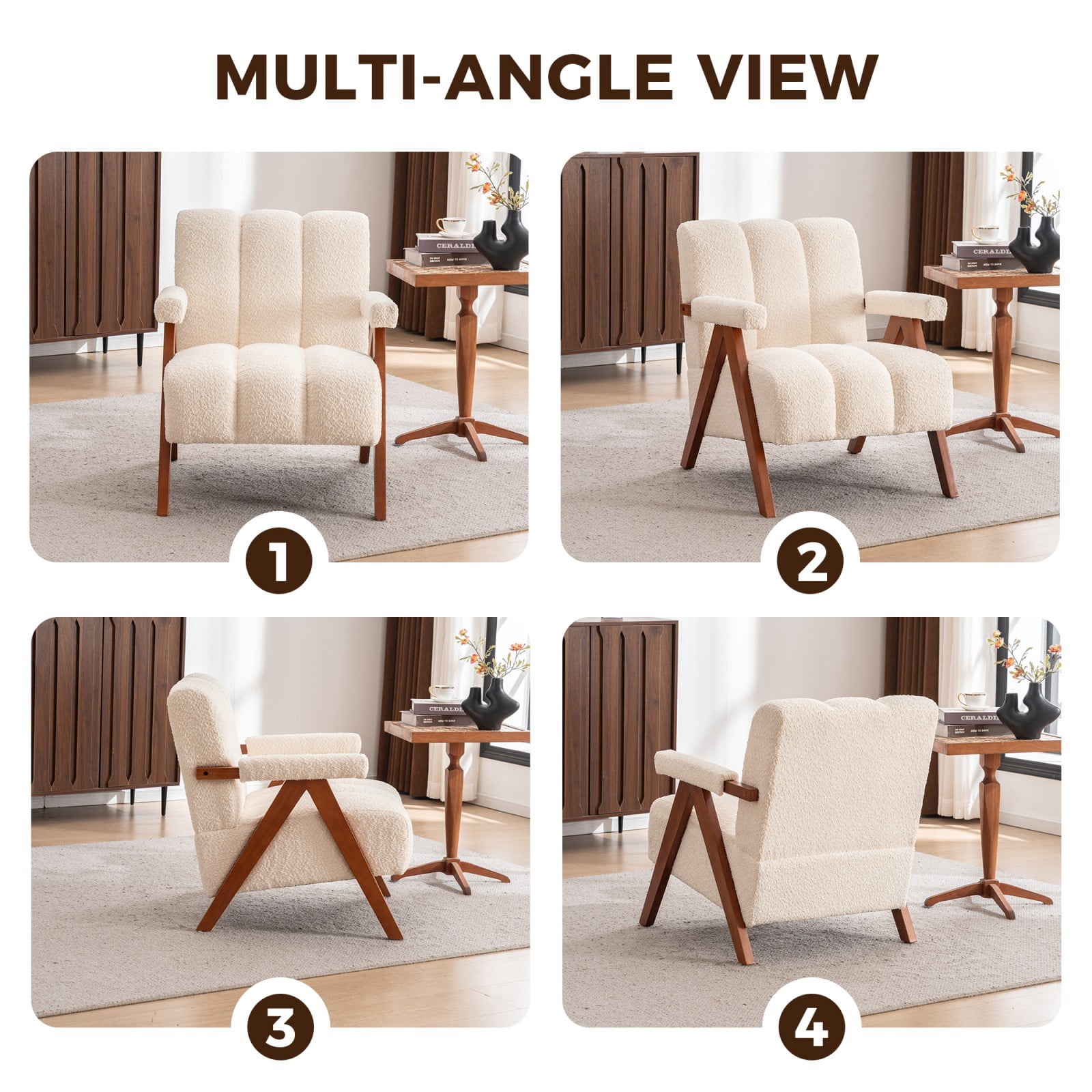 Mid-Century Modern Accent Chair Set of 2, Cloud-Shaped Chenille Lounge Armchair with Solid Oak Wood Frame, Upholstered Reading Chair for Living Room Bedroom Balcony, Beige