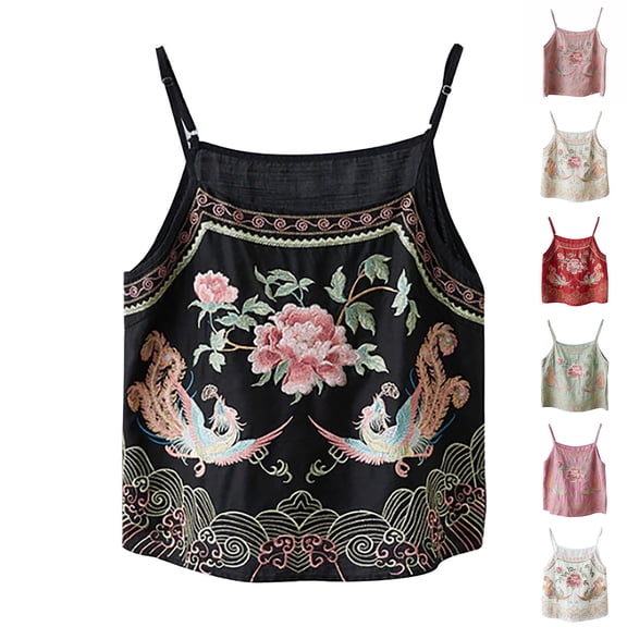 Tank Tops for Women BWASD Retro Embroidered Loose Fit Camisole Tops Adjustable Thin Straps Lightweight Breathable Casual Trendy Vacation Blouse Summer Black M-XXXL