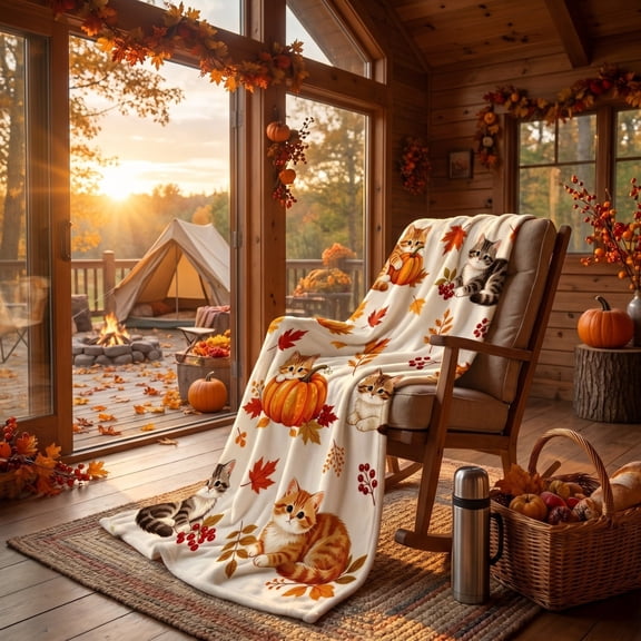 Racsoh Autumn Thanksgiving Flannel Throw Blanket, Plush Soft Lightweight Cover for Sofa Bed, Cute Fall Pattern Print, for Camping Travel and Home Warm Use (A)
