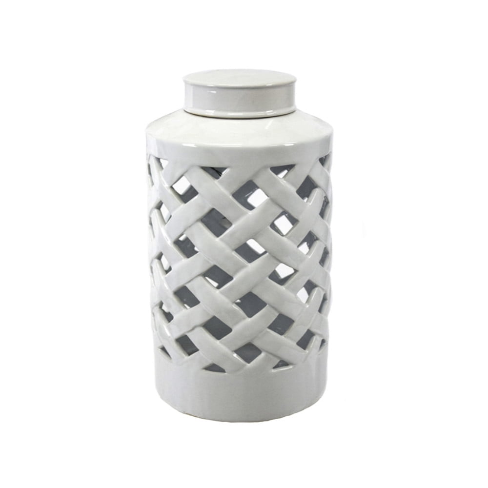 Adorning Ceramic Basket Weave Canister White