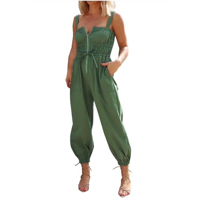 aidice One-Piece Jumpsuits for Women Summer Sleeveless Zip Drawstring Rucked Elastic Hem Pants Rompers