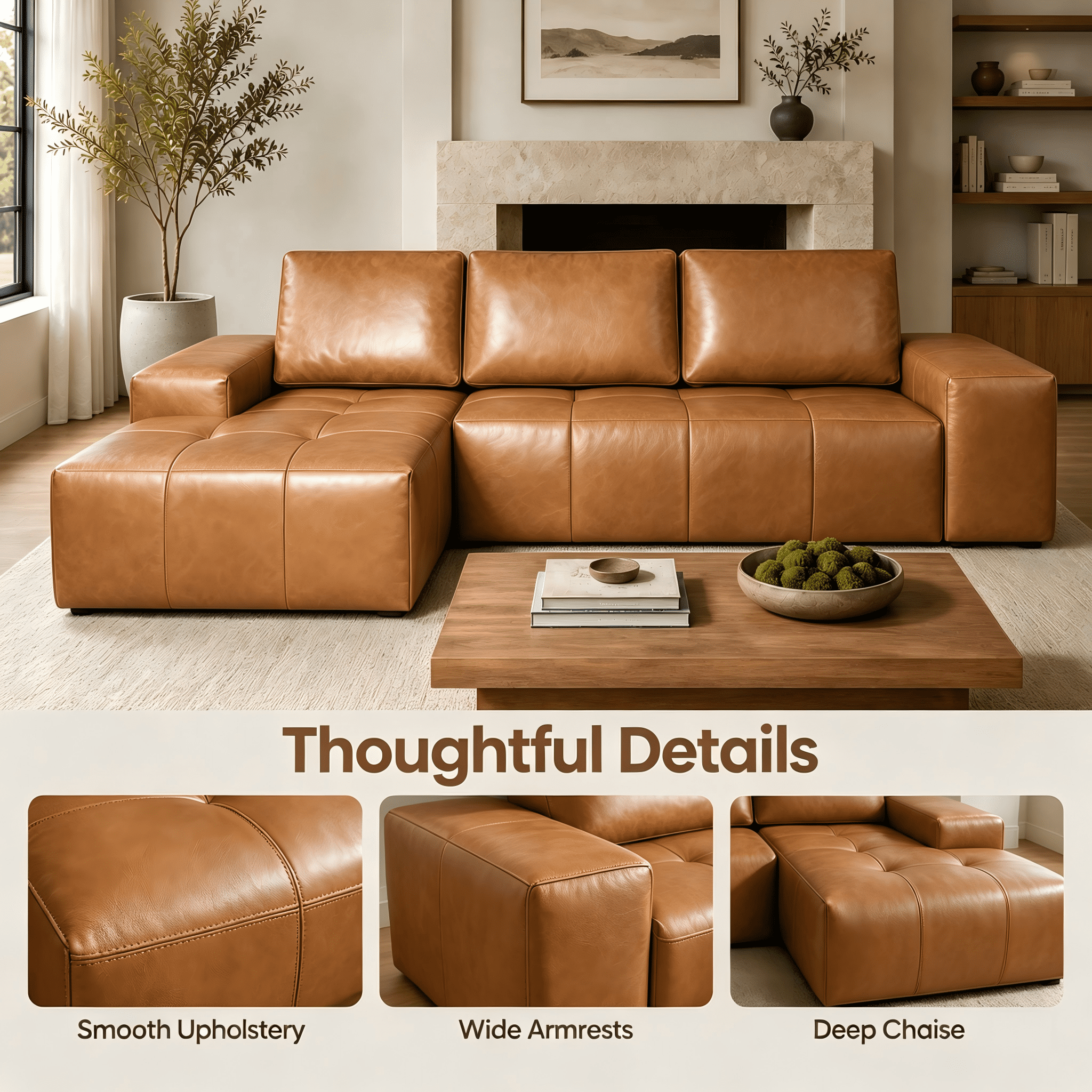 Aenkyo 114" Faux Leather L-Shaped Sectional Sofa with Left Hand Chaise, Boneless Modular Couch, Ginger