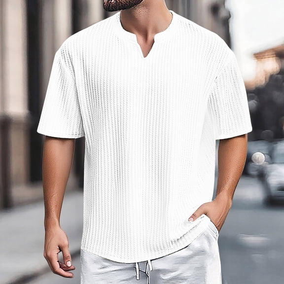 Mens V Neck Short Sleeve Loose Fit Solid Striped Casual Knit Tee Shirts Breathable Textured Summer TopsWhiteXXL
