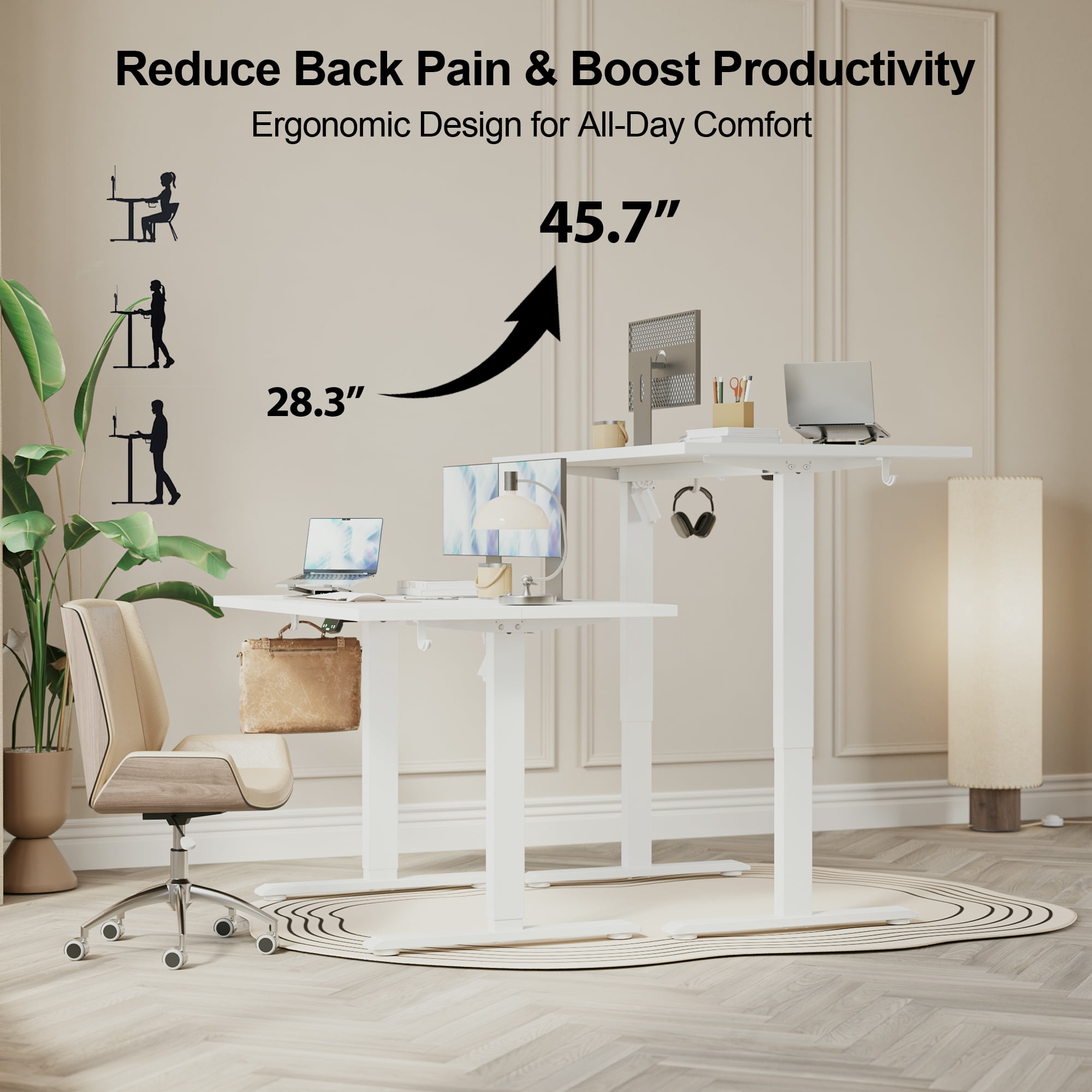 47.2 Inch Electric Height Adjustable Standing Desk, Ergonomic Home Office Desk with Memory Preset, Sit to Stand Computer Desk with Hooks, White