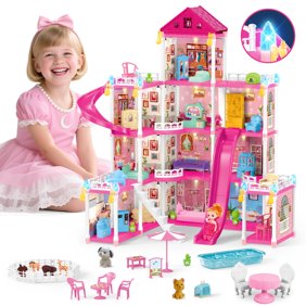 UUSUOO Doll House for Girls Toys,4 Stories 12 Rooms DIY Dollhouse Play Set with LED Lights Furniture and Accessories,Christmas Birthday Gifts for Girls Age 3 4 5 6  
