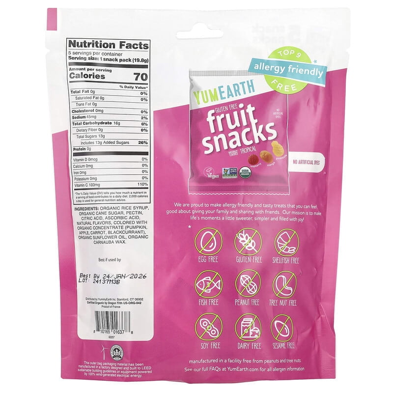 YumEarth Non-GMO Organic Fruit Snacks Tropical -- 5 Pack Pack of 4