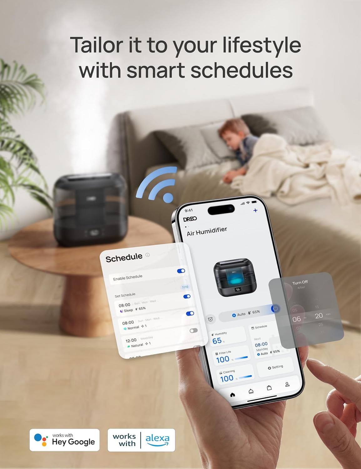 Humidifier for Bedroom, Top Fill 4L Large Room with 28dB Quiet, 36H Runtime, Touch/APP/Voice Control, Cool Mist for Plants