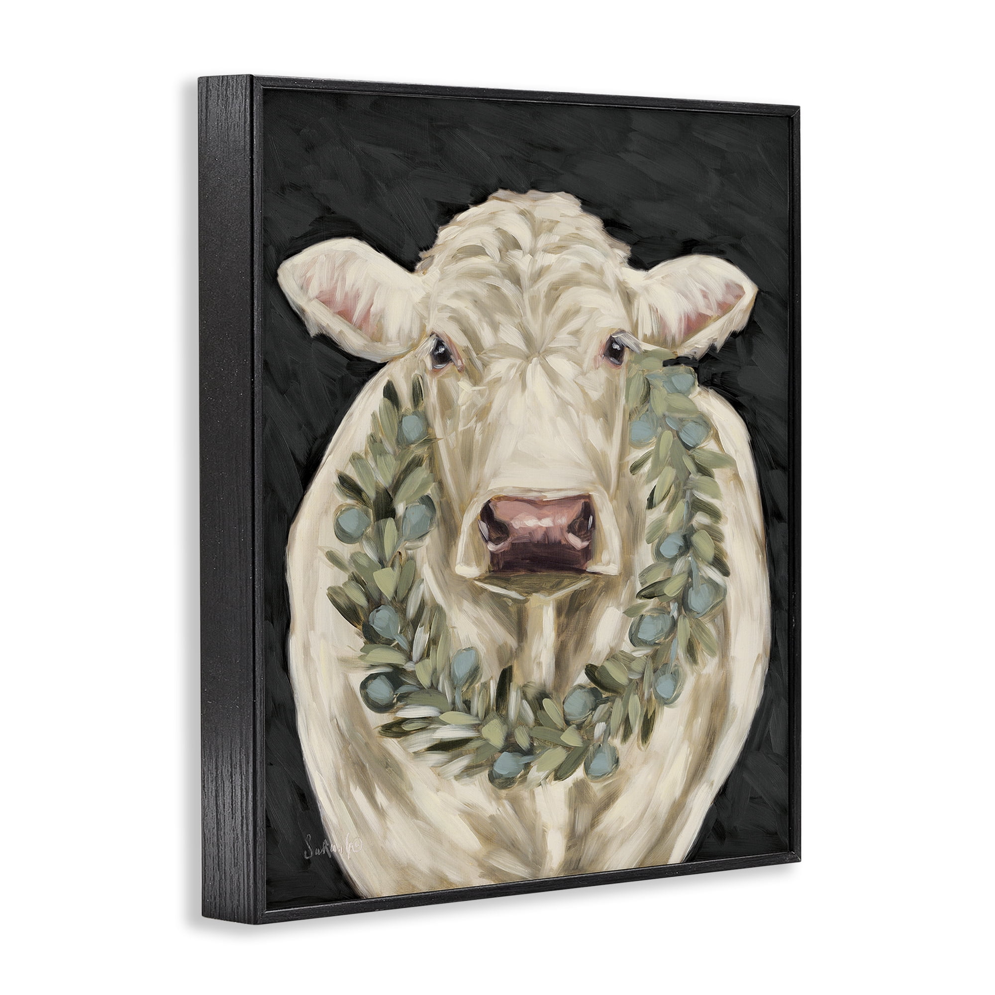 Stupell Industries Cow with Holiday Wreath Holiday Painting Black Framed Art Prints Wall Art, 11 x 14