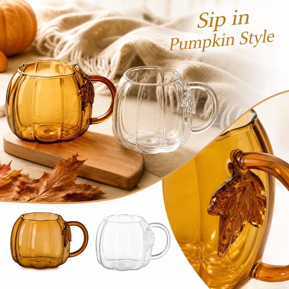 StlyGar Clear Pumpkin Shaped Drinking Glass Mug, Autumn Halloween Themed Glassware, Decorative Beverage Cup for Coffee, Cocktails, Indoor Home Table Decoration Brown
