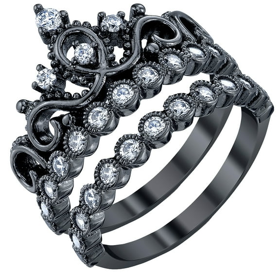 Sterling Silver Princess Crown Ring and Band Set (Black Rhodium Plated)
