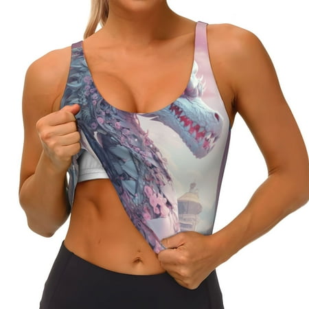 Qokaie Dragon1 Pattern Womens Scoop Neck Sports Bra Breathable Workout Vest Padded U Back Medium Impact Fitness Gym Yoga Bra Workout Crop Top