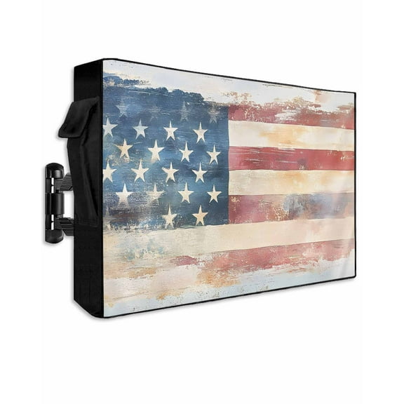 American Flag Outdoor TV Cover 52 to 55 Inch Weatherproof, Rustic Star Stripes USA Flag Retro 600D Oxford TV Covers with Waterproof Zipper, Outside Flat TV Screen Protector Size 52"W x 19"H x 4.5"D