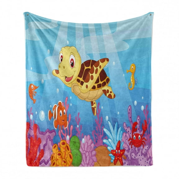 Turtle Soft Flannel Fleece Throw Blanket, Funny Style Underwater Sea Animals Baby Turtle and Fish Pattern, Cozy Plush for Indoor and Outdoor Use, 60" x 80", Multicolor, by Ambesonne