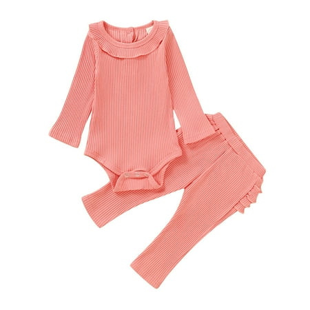 

Fesfesfes Infant Baby Jumpsuit Girls Long Sleeve Solid Romper Bodysuit+Ruffles Pants Outfits Clearance
