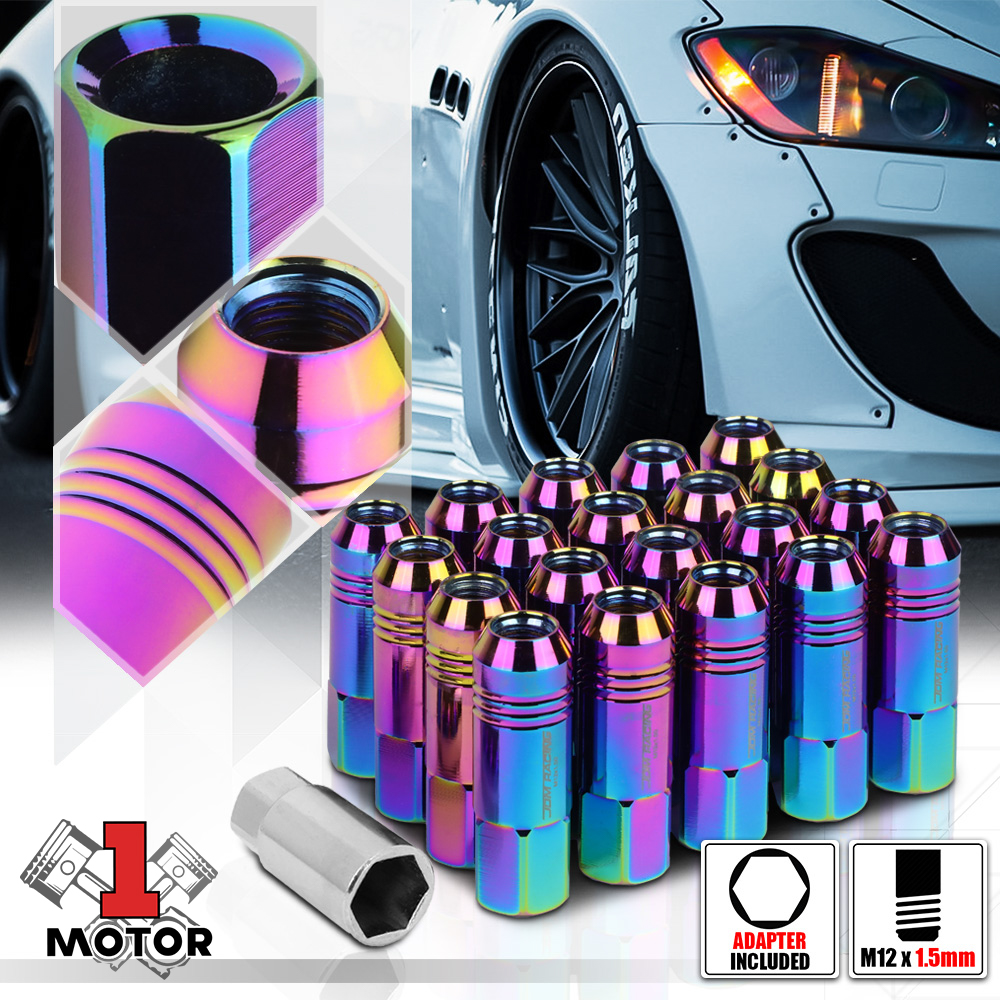 (20) Neo Chrome M12x1.5 60mm Aluminum Open Extended Tuner Wheel Lug Nut
