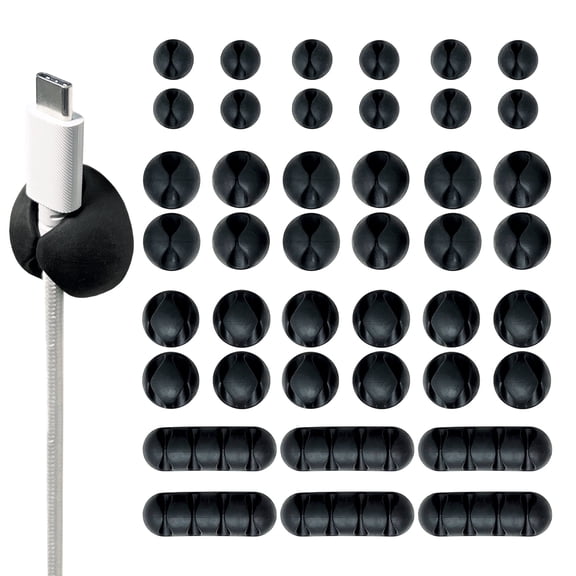 Wrap-It Storage Adhesive Cable Clips - (Assorted Size 42-Pack) Black - Cord Organizer for Desk Cable Management, Cord Holder for Nightstand, Cord Clips