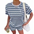 thumbnail image 2 of Womens Geometric Stripe Short Sleeve T-Shirt and Shorts Loungewear Set Dark Blue M, 2 of 7