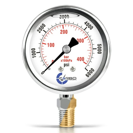 CARBO Instruments 2 1-2" Pressure Gauge, Stainless Steel Case, Chrome Plated Brass Connection, Lqiuid Filled, 0-6000 psi/kPa, Lower Mount 1/4" NPT