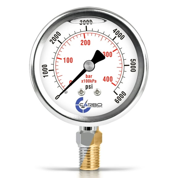 CARBO Instruments 2 1-2" Pressure Gauge, Stainless Steel Case, Chrome Plated Brass Connection, Lqiuid Filled, 0-6000 psi/kPa, Lower Mount 1/4" NPT