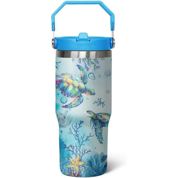 30 Oz Sea Turtle Tumbler with Handle Lid and Flip Straw,Double Wall Vacuum Stainless Steel Watercolor Ocean Turtle Cup,Water Bottle,Travel Coffee Mug,Hawaiian Sea Turtle Decor,Accessories