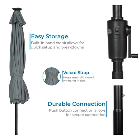 Sun Ray - 9' Round Next Gen Solar Lighted Umbrella - Grey