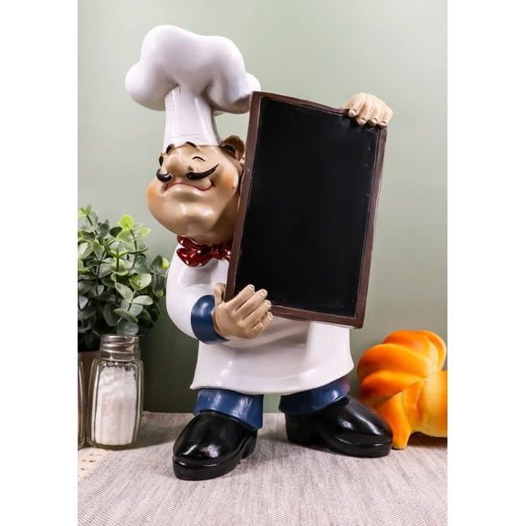 French Bistro Head Chef Jean With Hat And Red Necktie Holding Black Board Statue