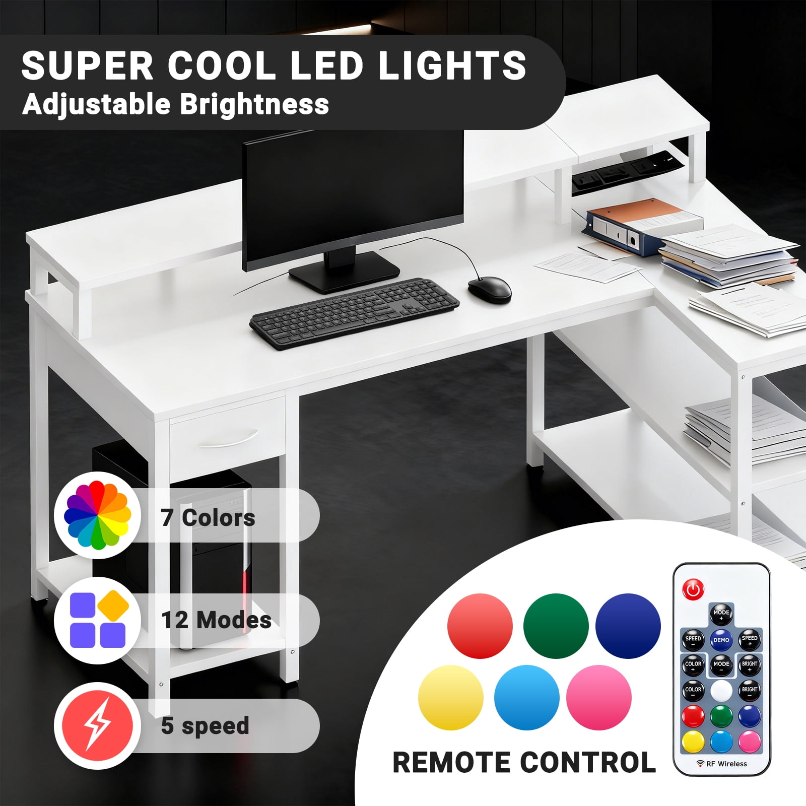 KPUY 53-Inch L Shaped Desk with USB Charging Port LED Light and Monitor Stand, Gaming Desk Home Office Desk for Home Office Dorm Sturdy Writing Workstation, White