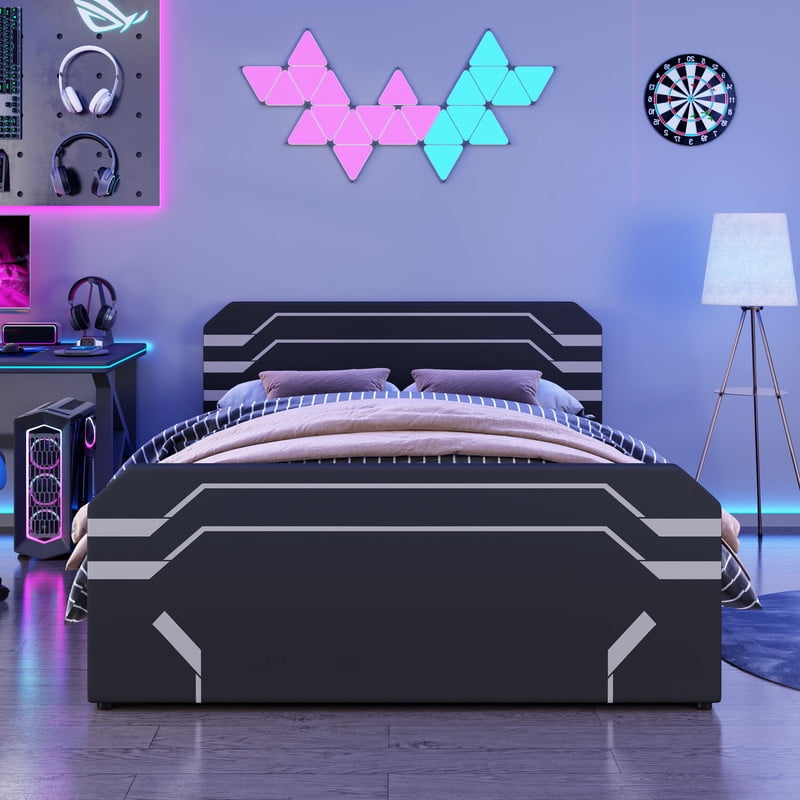 Queen Size PU Leather Gaming Bed Frame with Hydraulic Storage, Cyberpunk Style Platform Bed with Futuristic Pattern Headboard