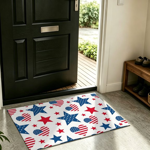 Front Door Mat Indoor Outdoor Independence Day Patriotic Heart Flags Non-Slip Doormat Low Profile Patio Porch Entryway Rug 16x24in Stars Stripes on White