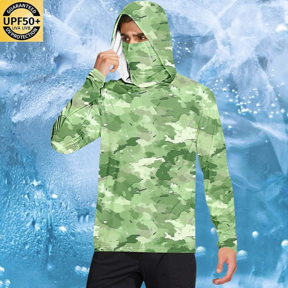 hlysgo Sun Protection Clothing Men Long Sleeve Hooded Sun Shirts with Mask Summer Beach Rash Guards Casual Outdoor Athletic Shirts Green,M