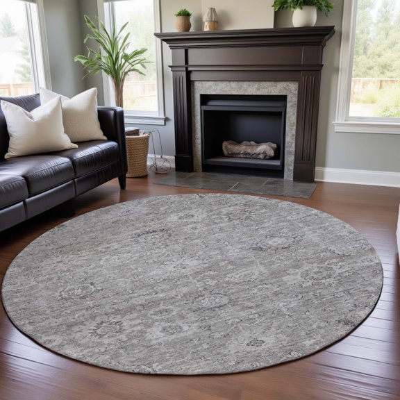 Addison Rugs Mayfield Premium Machine Washable Transitional Damask Gray Round Rug, 8' x 8'