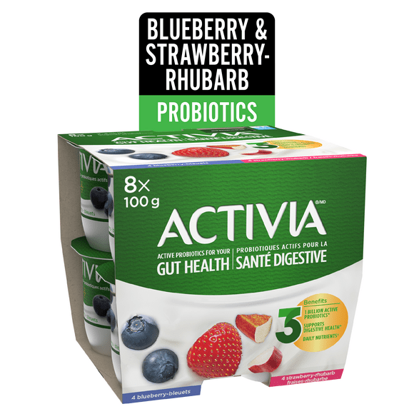 Activia Probiotic Yogurt, Strawberry-Rhubarb/Blueberry, 8 x 100 g