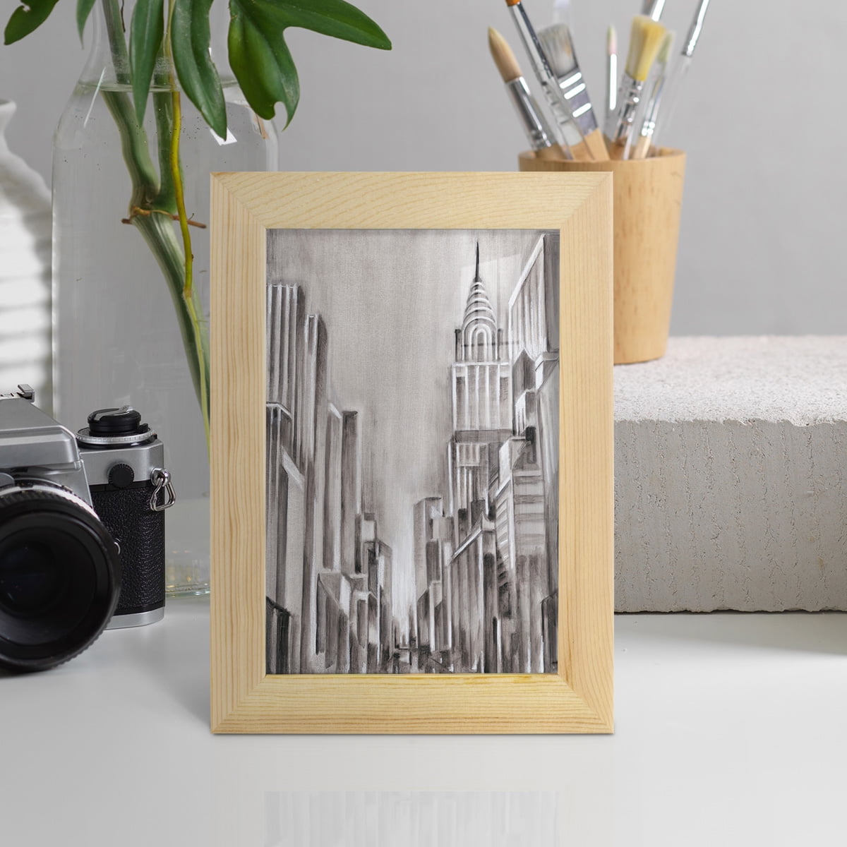 Art Deco Cityscape I -Framed Print w/glass-Natural Wood