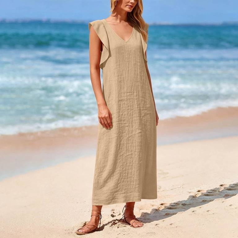 linen flutter sleeve dress Beige Linen Flutter Sleeve Square Neckline Dress with "Poppy Meadow" Embroidery