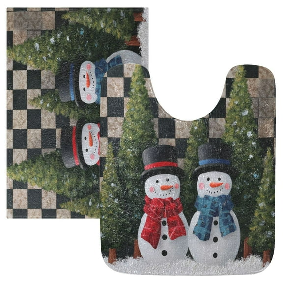 2 Piece Bath Mat Set with U-Shaped Toilet Mat and Rectangle Bath Rugs Non Slip Machine Washable Bathroom Mats Two Snowmen Pattern