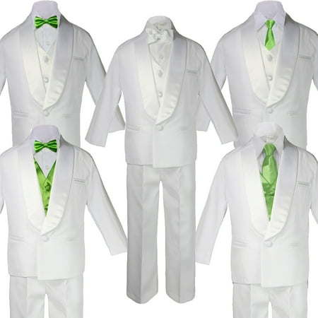 

5-7pc Boy Teen White Shawl Lapel Party Suits Tuxedo LIME Satin Bow Necktie Vest