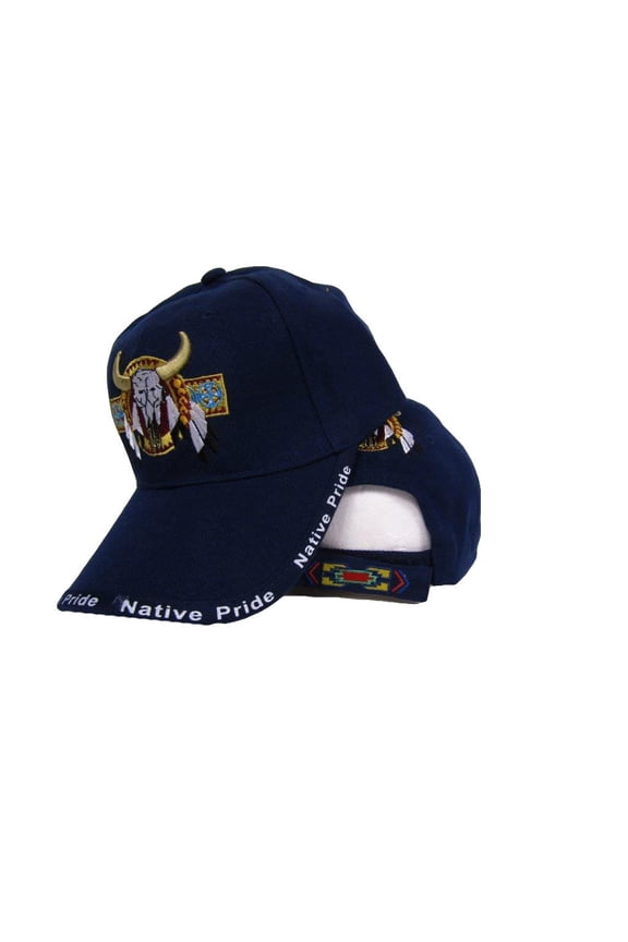 Native Pride Bull Skull Buffalo Blue Embroidered Ball Cap Hat