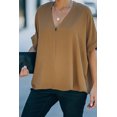 thumbnail image 2 of ABPHQTO Blusa de manga corta con cuello en V suelto marrón sólido para mujer, 2 of 5