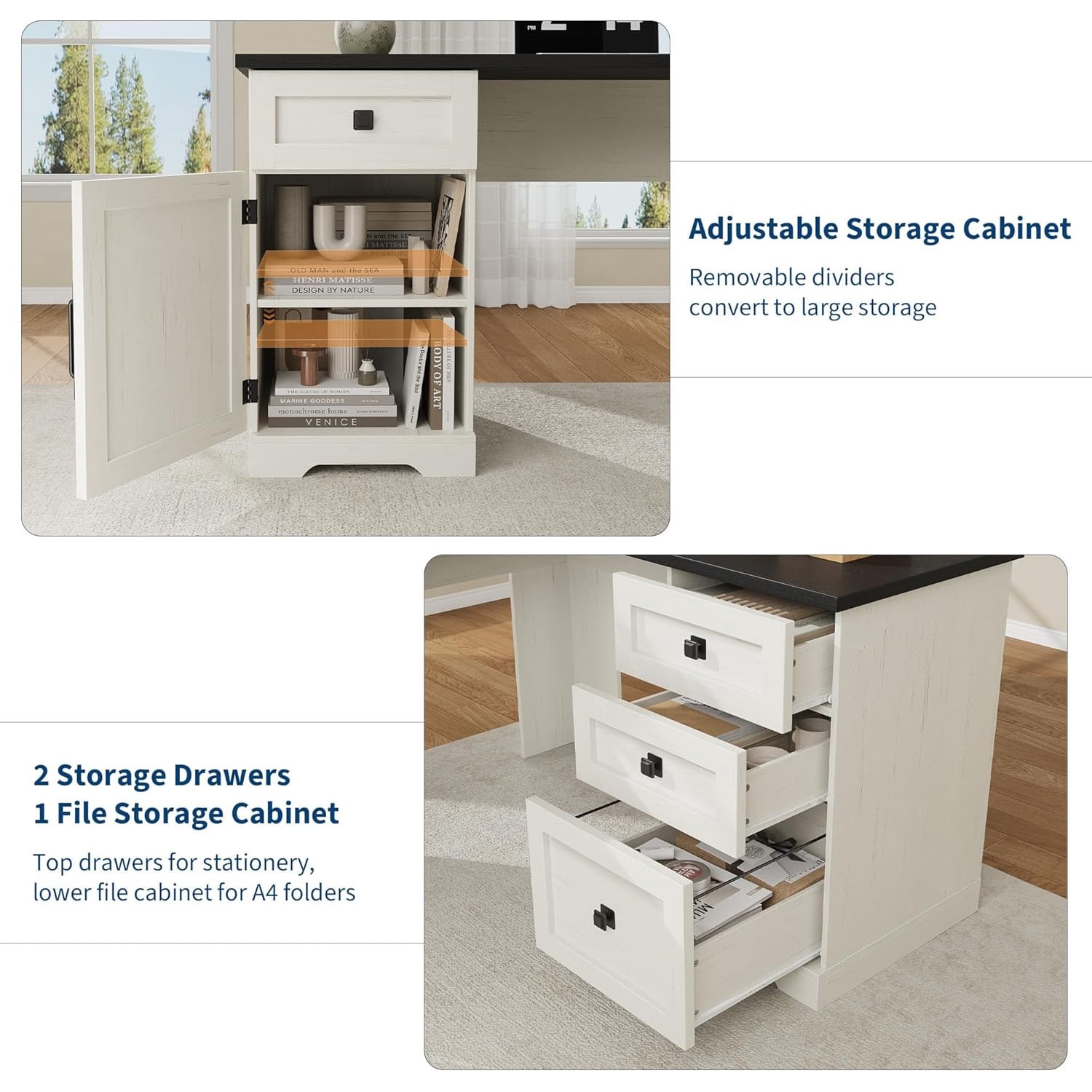 M optimized 60" Executive L Shaped Desk, Office Desk with File Drawers and Storage Cabinet, Corner Computer Desk with Adjustable Side Storage Cabinet