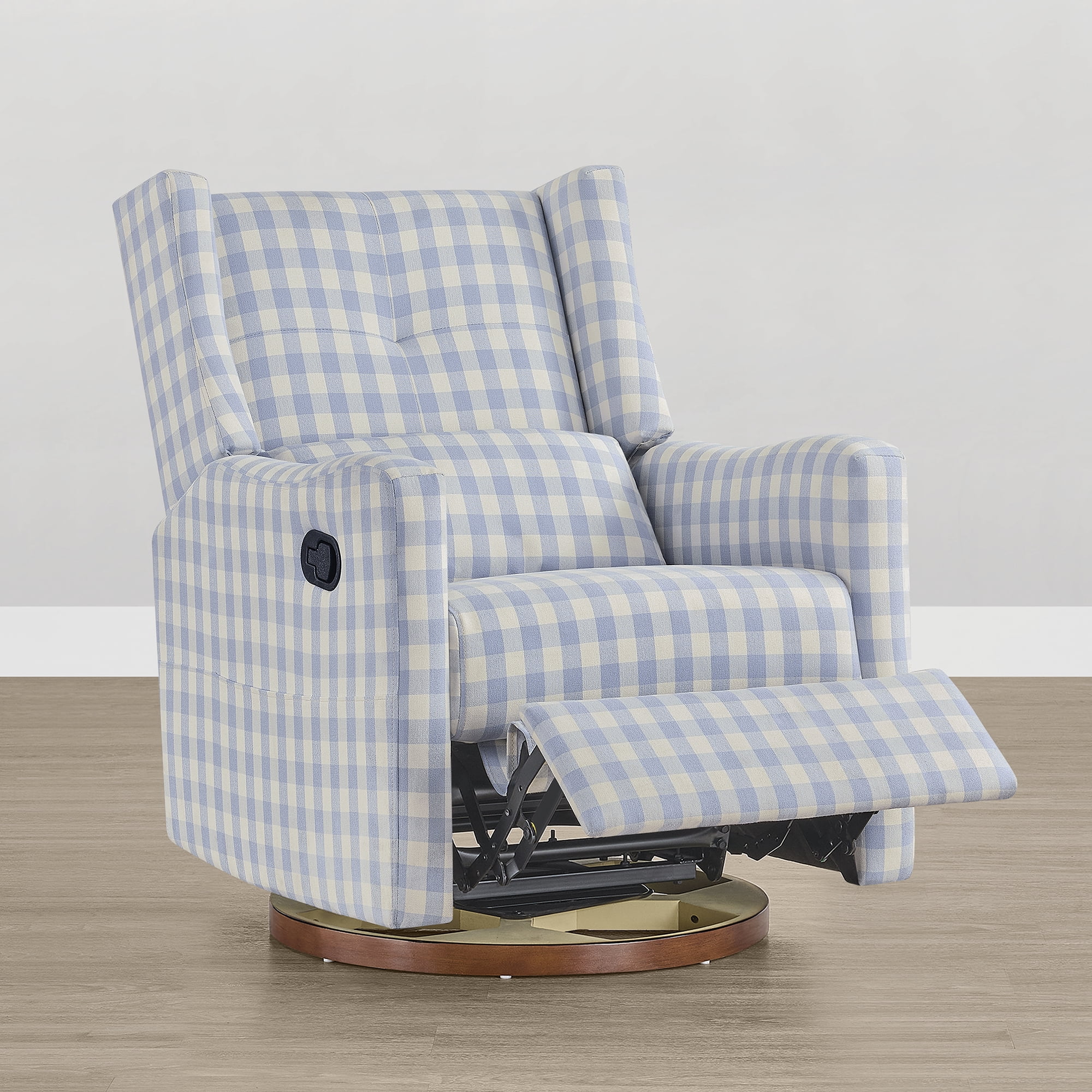 Spruce & Spring Swivel Glider Recliner Chair for Living Room & Nursery, Chenille Fabric, Baby Blue & Cream Plaid