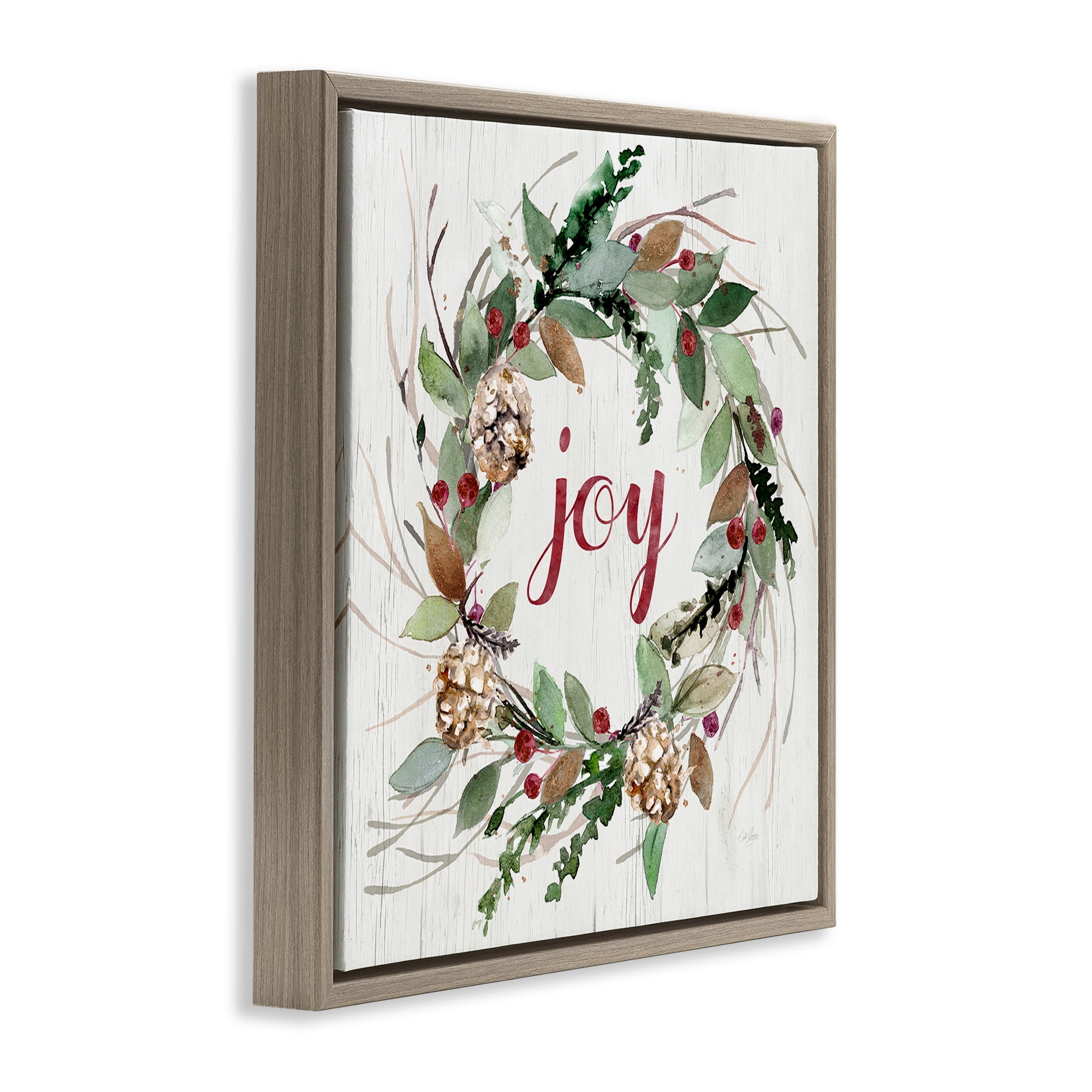 Stupell Industries Joy Seasonal Wreath Botanical & Floral Painting Brown Floater Framed Canvas Art Prints Wall Art, 25 x 25