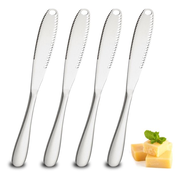 4 cuchillos para mantequilla, cuchillo para mantequilla de acero inoxidable duradero de color sólido con bordes y agujeros dentados, cuchillo para mantequilla multifunción, cuchillo para mermelada de