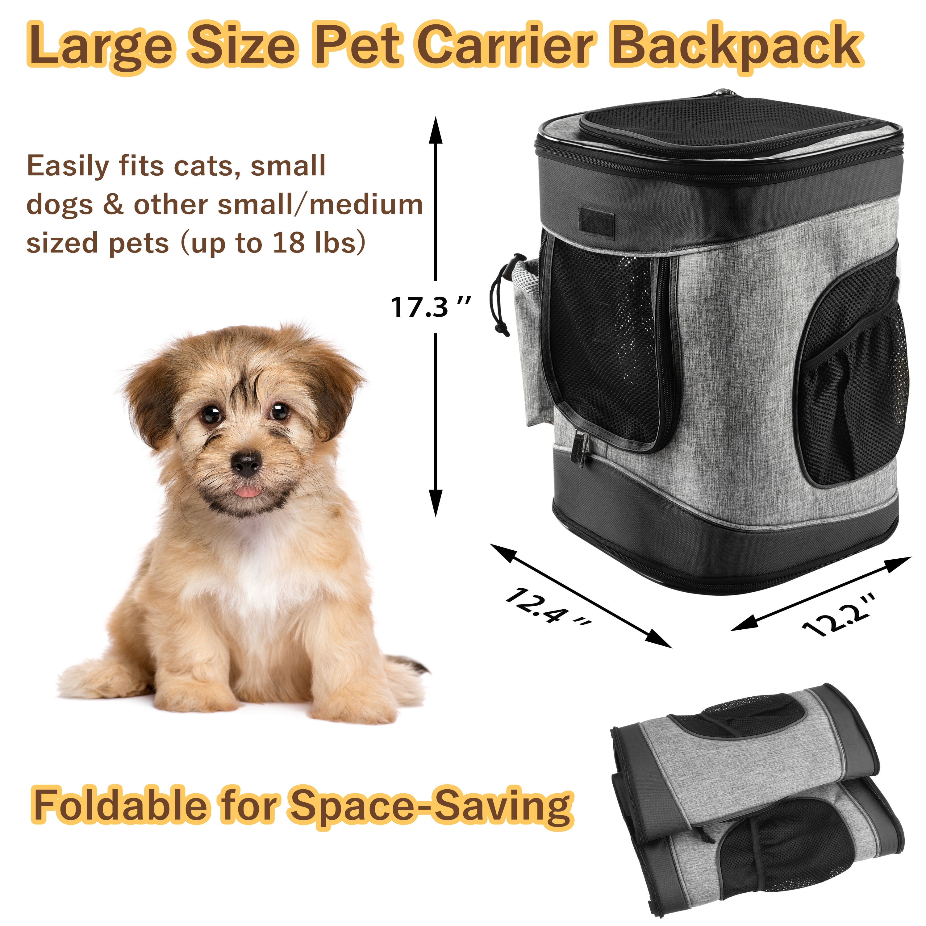 Pawsse Pet Carrier Backpack for Dogs and Cats up to 15 lbs, 16" H x13.2" L x12" W, Black