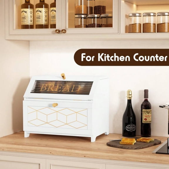 Large Wooden Bread Box with Golden Trim - Kitchen Countertop Corner Storage Container for Homemade Bread