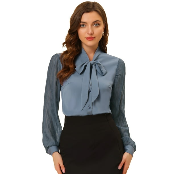 Allegra K Blusa De Manga Larga De Gasa Con Cuello Anudado Para Mujer Azul gris claro L